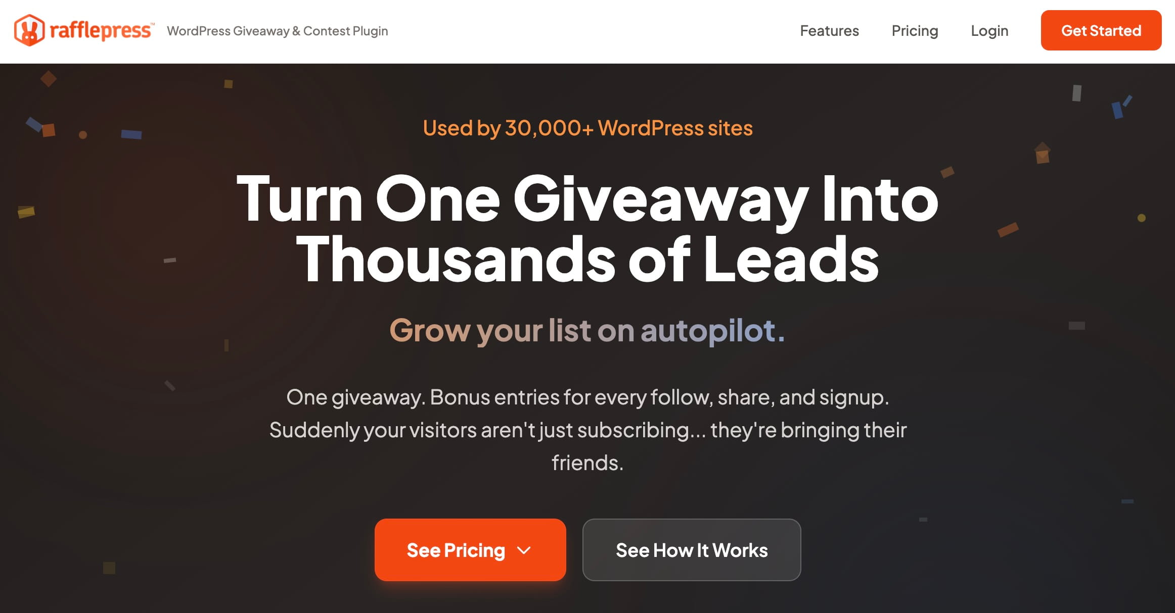 Página de inicio de RafflePress, un plugin de sorteos y concursos para WordPress.