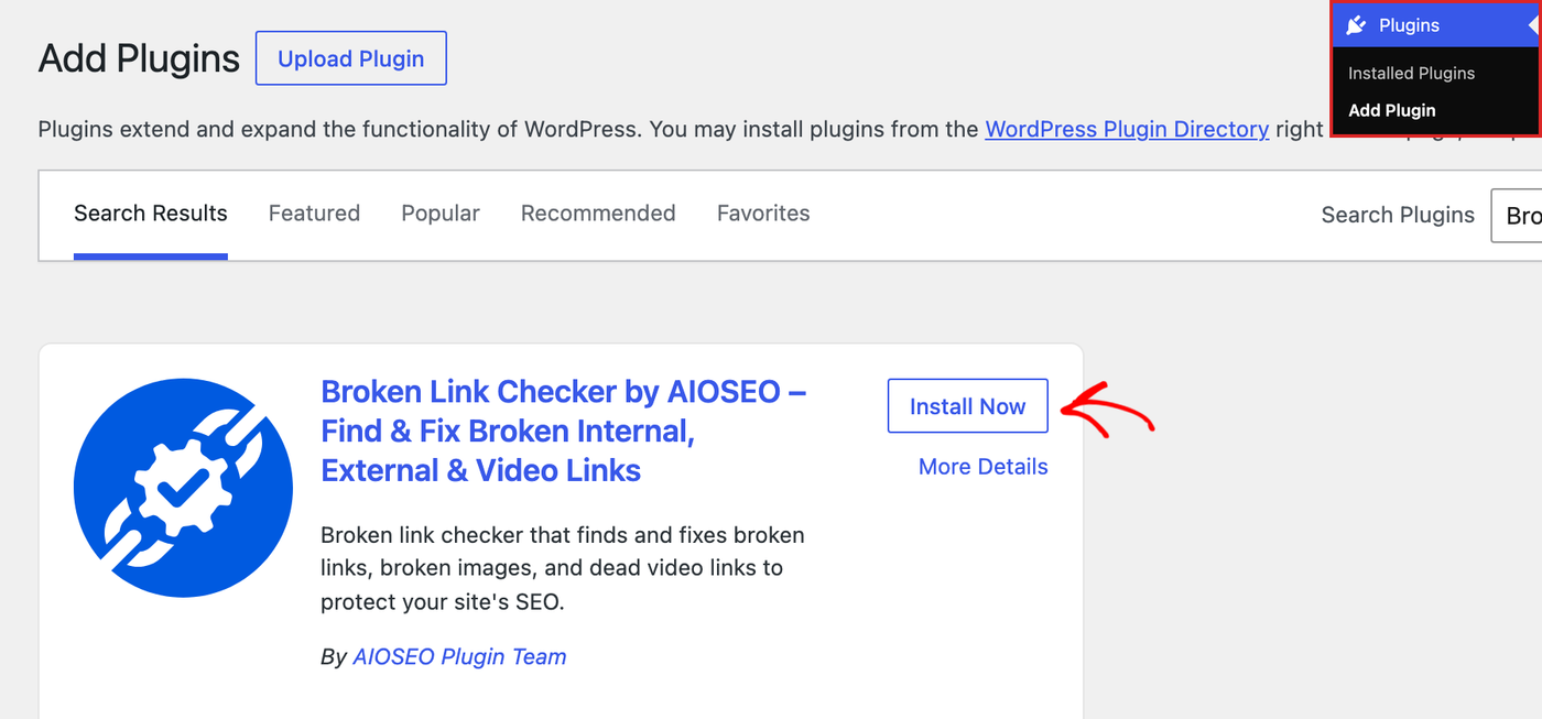 Risultato di Broken Link Checker by AIOSEO mostrato nella schermata Aggiungi nuovi plugin