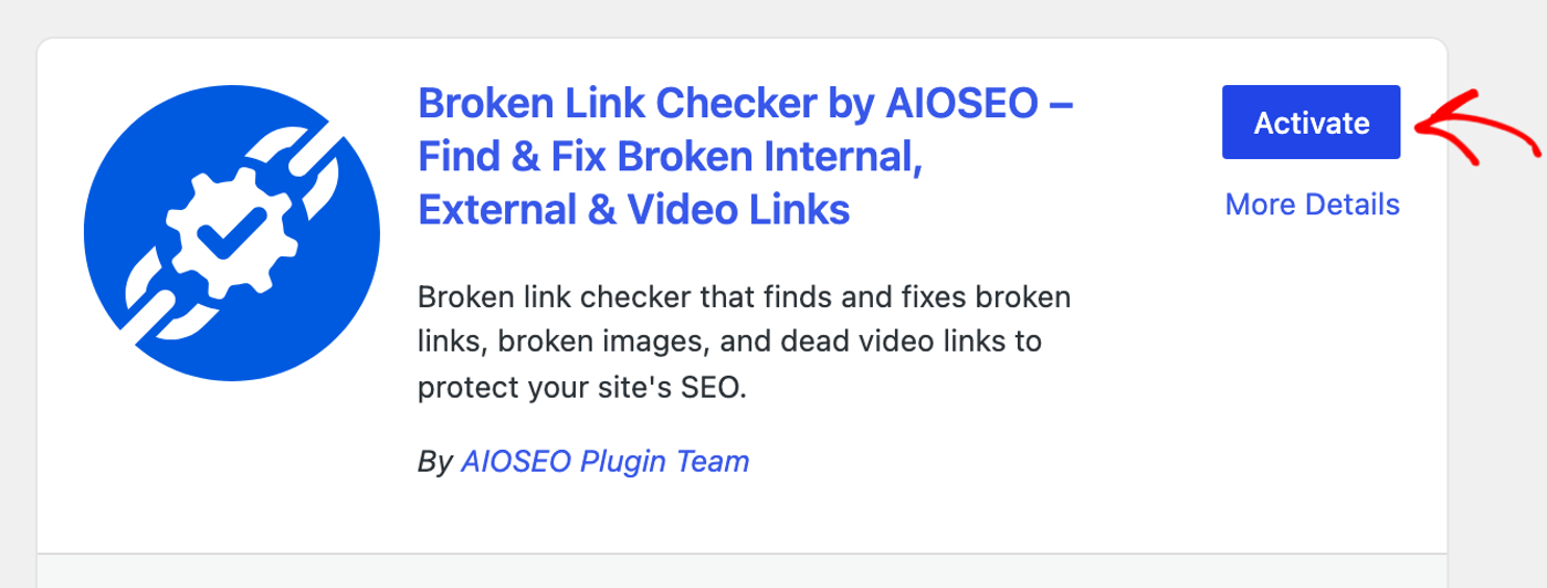 Pulsante Attiva per Broken Link Checker by AIOSEO mostrato nella schermata Aggiungi nuovi plugin