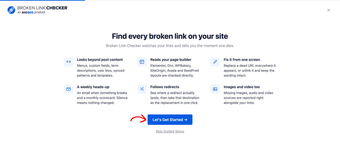 Schermata di benvenuto mostrata nella procedura guidata di configurazione di Broken Link Checker