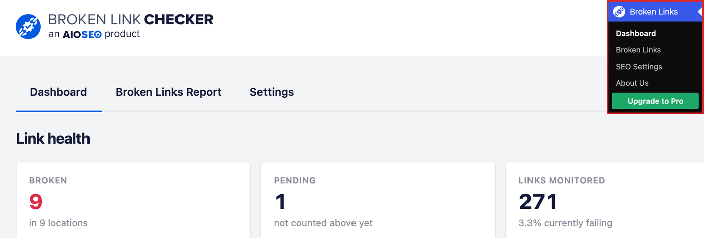Navigazione alla Dashboard in Controlla link non funzionanti facendo clic su Dashboard nel menu Link non funzionanti in WordPress