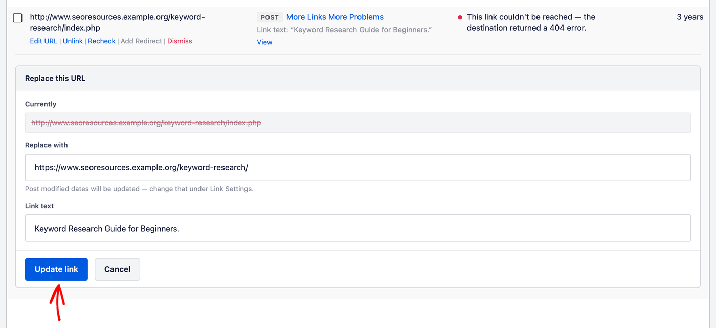 Azione Modifica URL mostrata nella schermata Report link non funzionanti in Controlla link non funzionanti