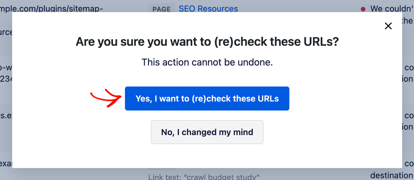 Popup di conferma azione di massa mostrato nella schermata del report sui link non funzionanti in ​Broken Link Checker