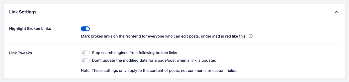 Schermata Impostazioni Link mostrata in ​Broken Link Checker