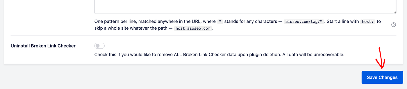 Pulsante Salva modifiche mostrato sotto le Impostazioni Avanzate in ​Broken Link Checker