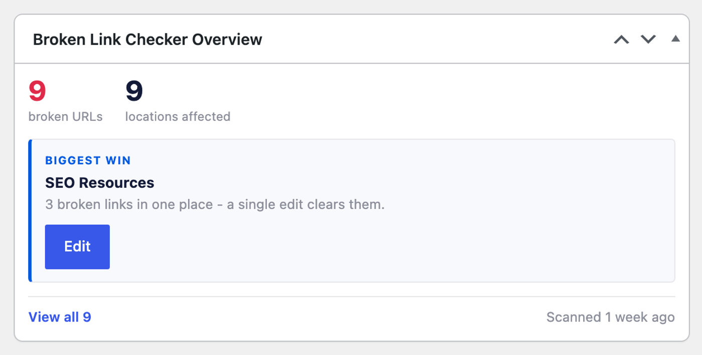Widget ​Broken Link Checker mostrato nella Bacheca di WordPress