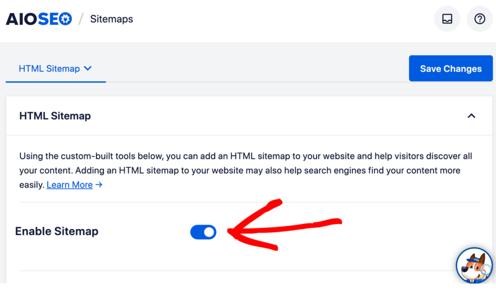 aioseo enable html sitemap toggle button