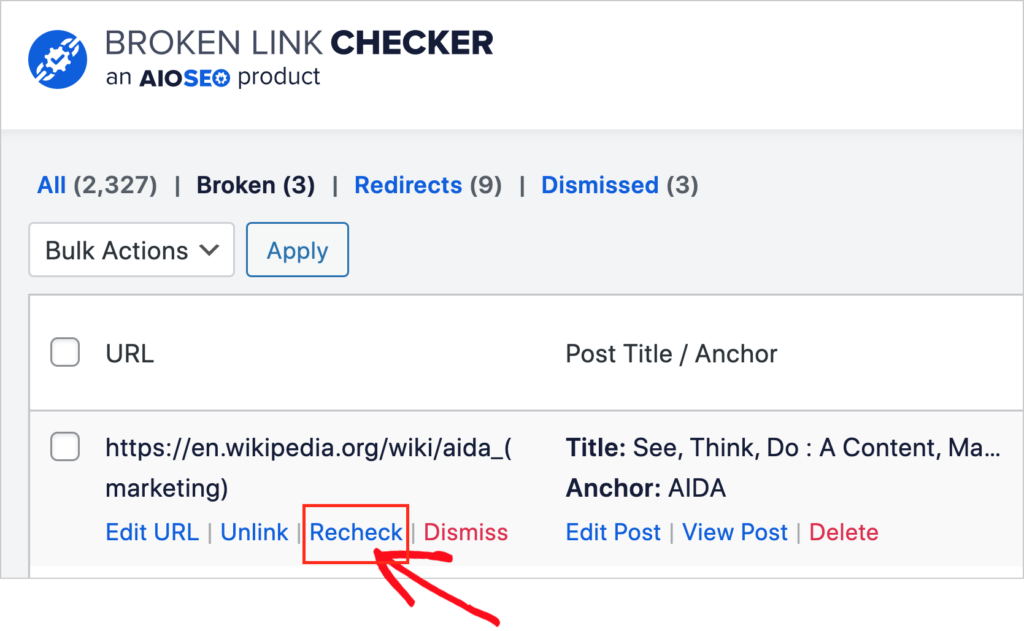 recheck option in broken link checker plugin