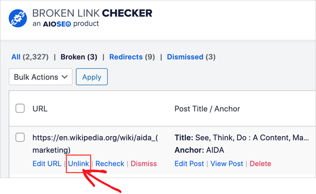unlink option in broken link checker plugin