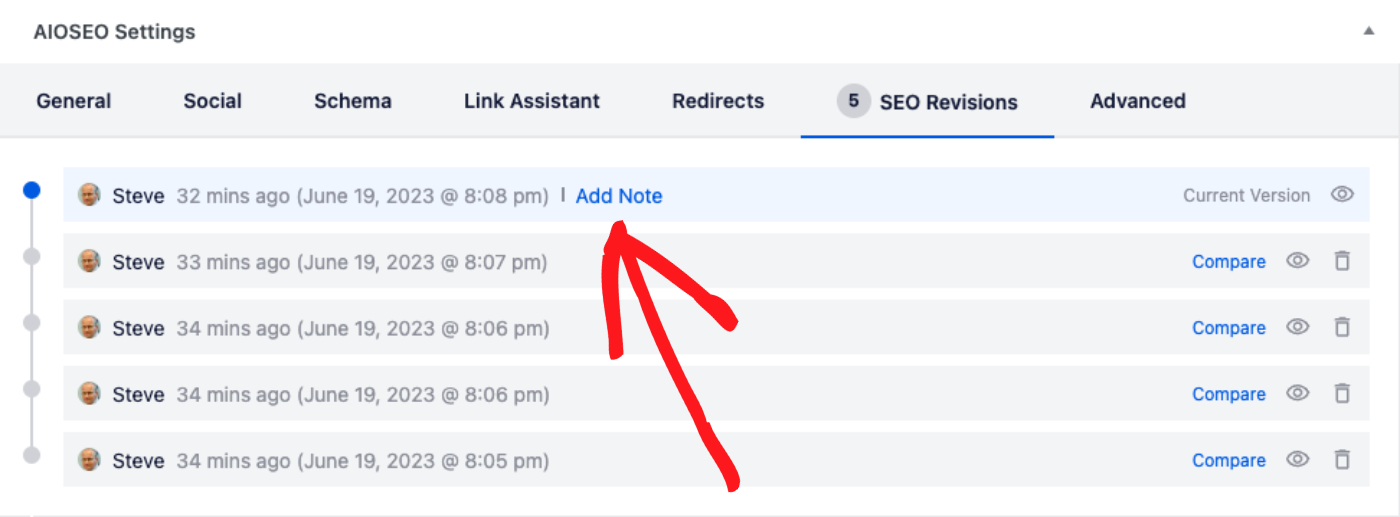Add Note link shown in the SEO Revisions list