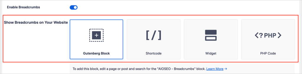 aioseo breadcrumb display options