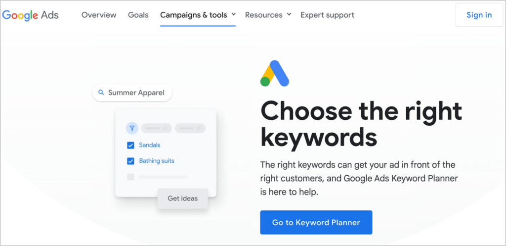 Google Keyword Planner home page.