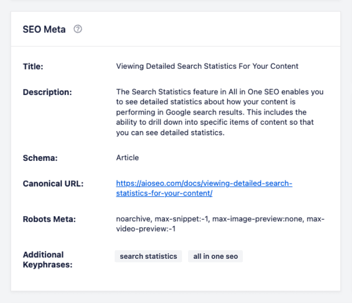 SEO Meta widget on the detailed Search Statistics screen