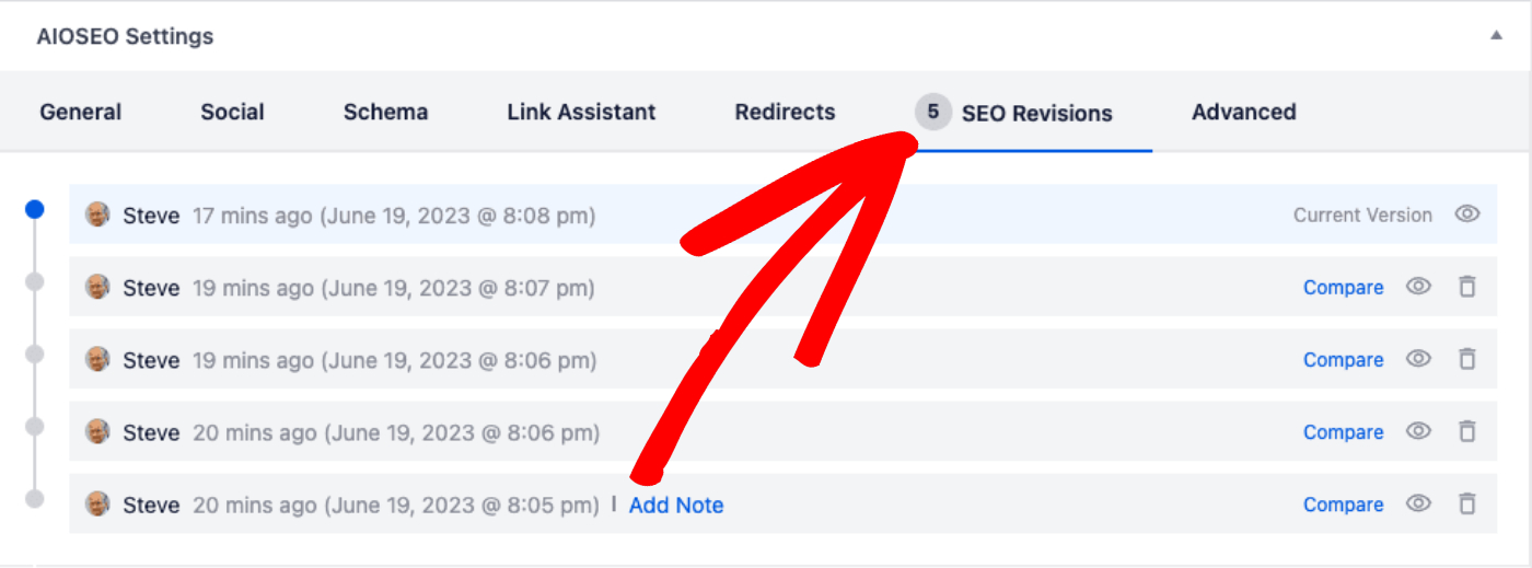 SEO Revisions tab shown in the AIOSEO Settings section on the Edit Post screen