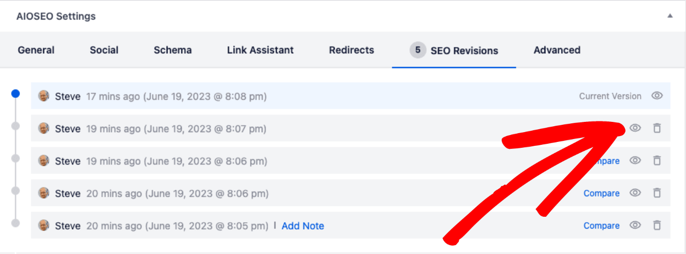 View Revision icon shown in the SEO Revisions list