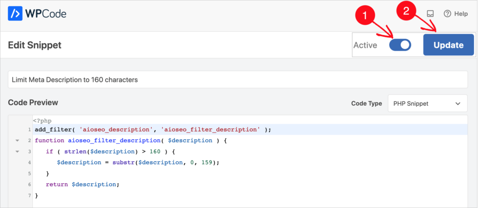 activate aioseo meta description code snippet