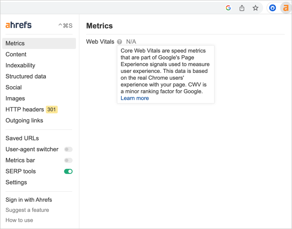 ahrefs seo toolbar metrics