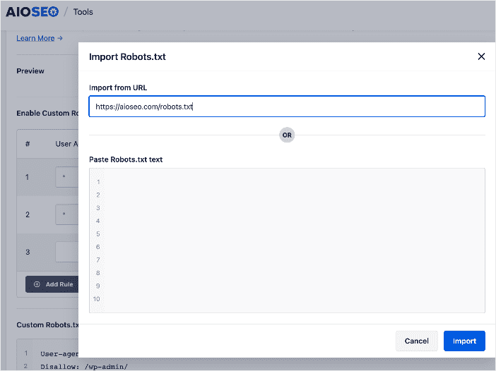 You can import via a URL or paste the robots.txt file 