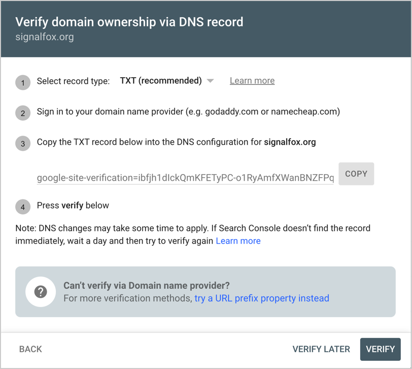 verify domain ownership via dns record google search console