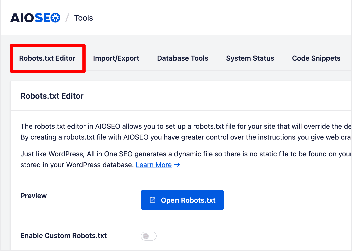 Accessing AIOSEO's Robots.txt editor.
