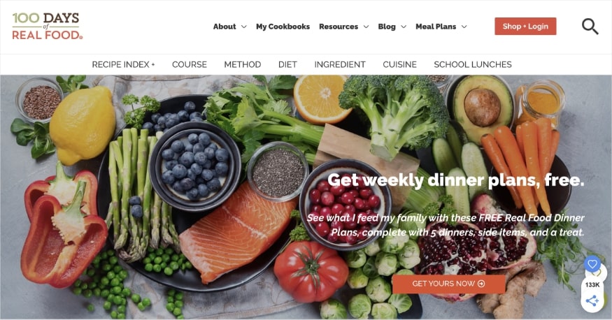 100 Days of Real Food homepage, a clean eating food blog. 