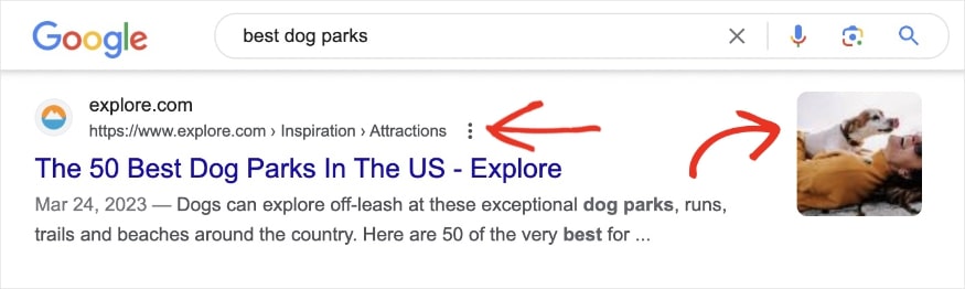 Explore.com rich result on SERP for best dog parks showing a breadcrumb list and a photo of a woman with dog.