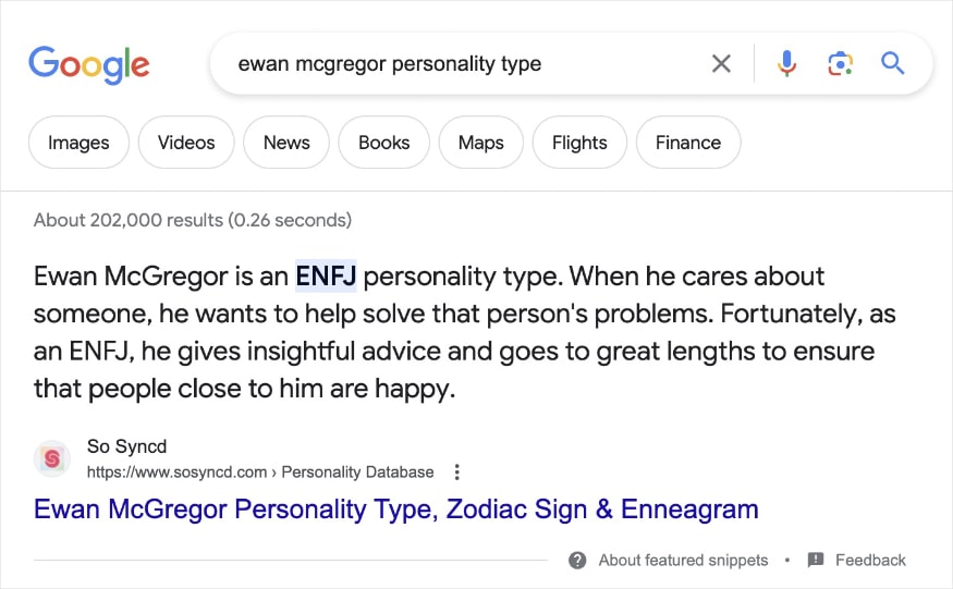 Featured snippet from sosyncd.com that talks about Ewan McGregor's ENFJ personality type.