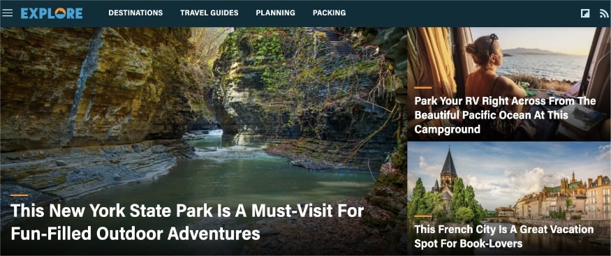 Explore homepage with destinations, travel guides, planning, and packing. 