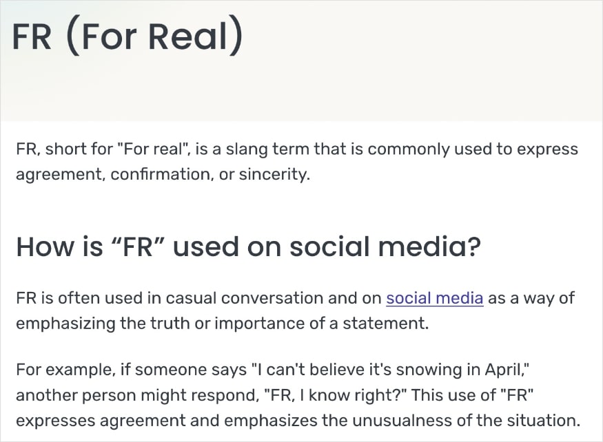 Meaning of FR (For Real) on Later.com.