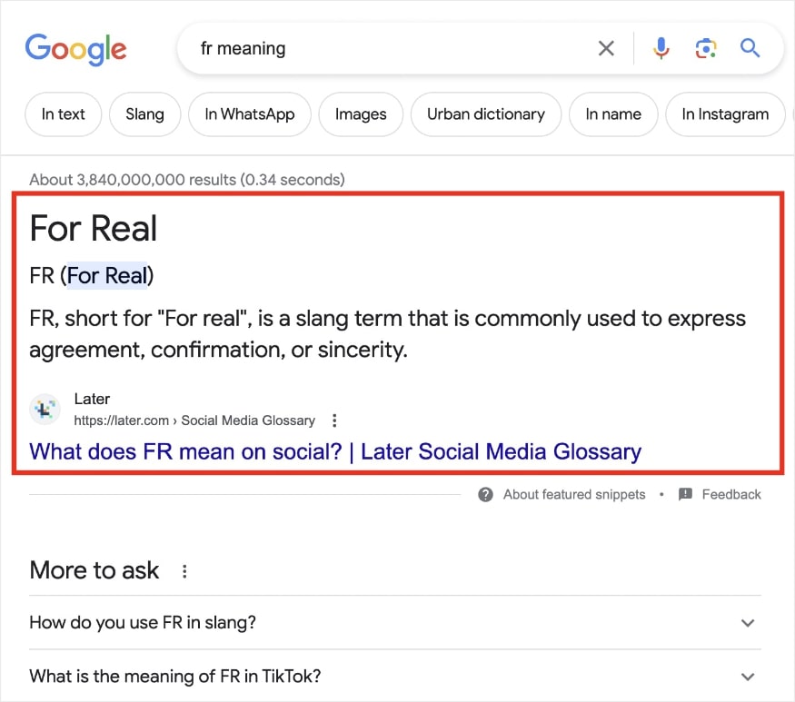 Google featured snippet for the query "fr meaning."