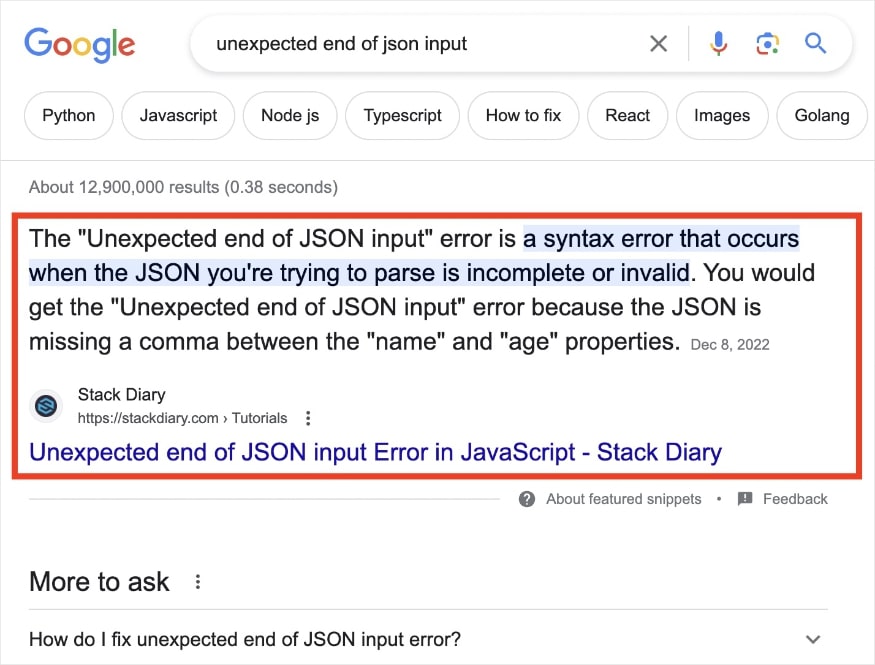 Featured snippet on Google search engine results page for the query "unexpected end of json input."