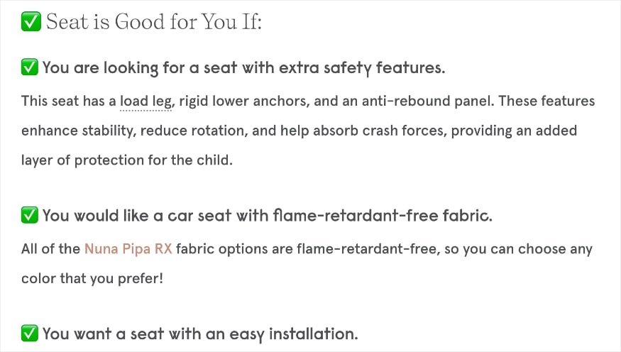 Checklist example for parents to know if a car seat is good for their needs.