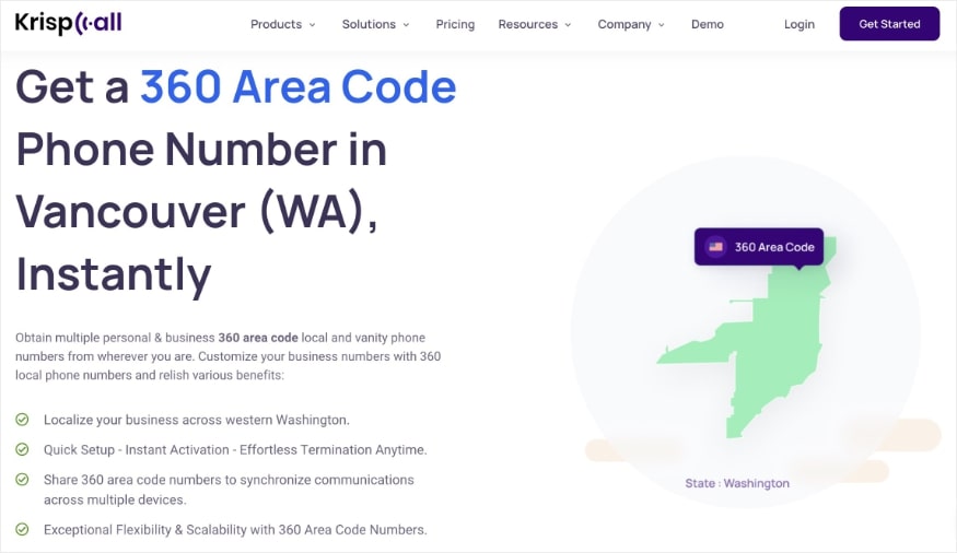 KrispCall landing page for the 360 area code in Washington.