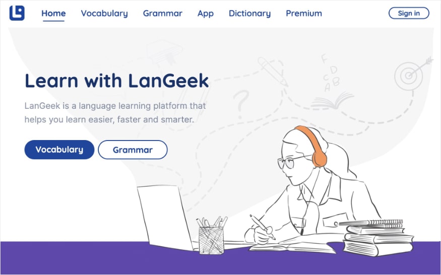 LanGeek homepage, an AI English learning platform.