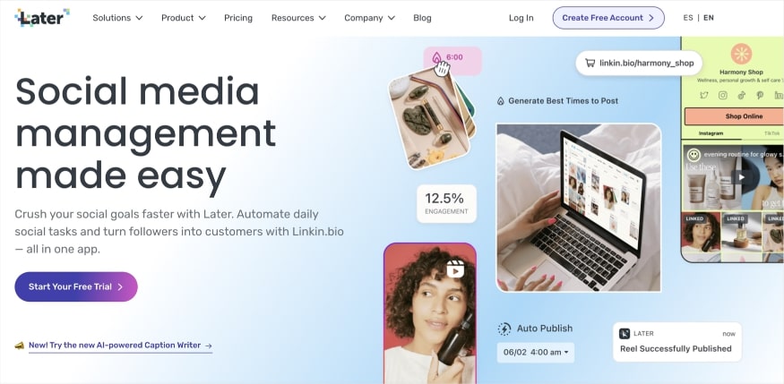 Later.com homepage, a social media management platform 