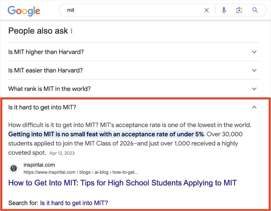 Google search for "mit" shows a rich result on the SERP explaining how hard it is to get into MIT.