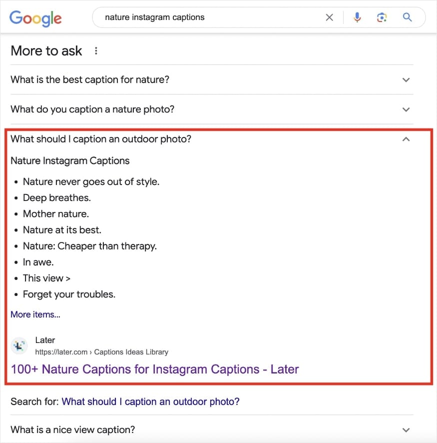 FAQ rich result for nature Instagram captions and a bullet point list of ideas.