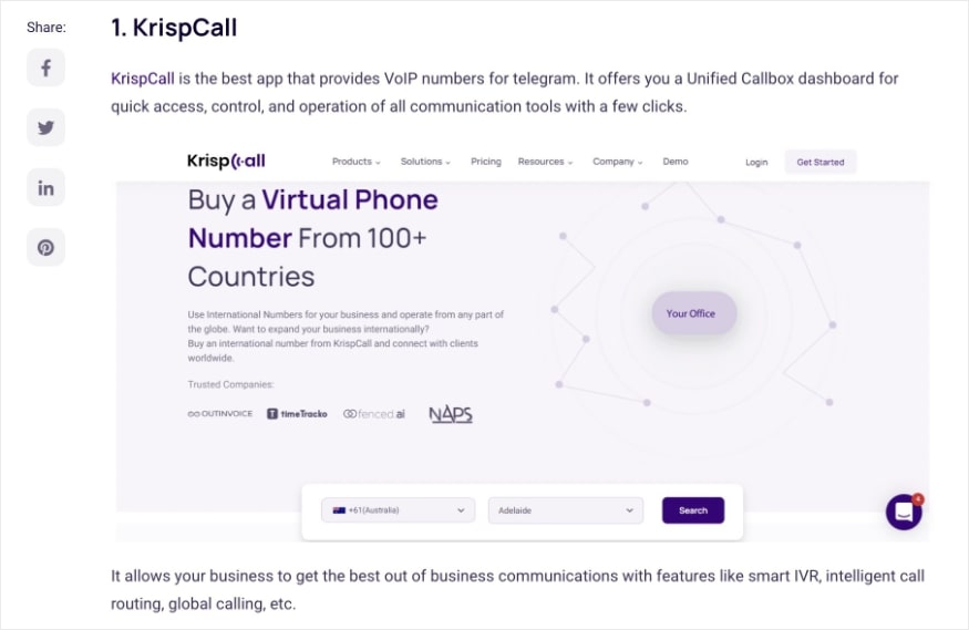 Screenshot of a KrispCall virtual phone number landing page and image.