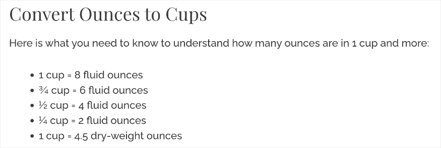 Measurement conversion of ounces to cups from a food blog website.