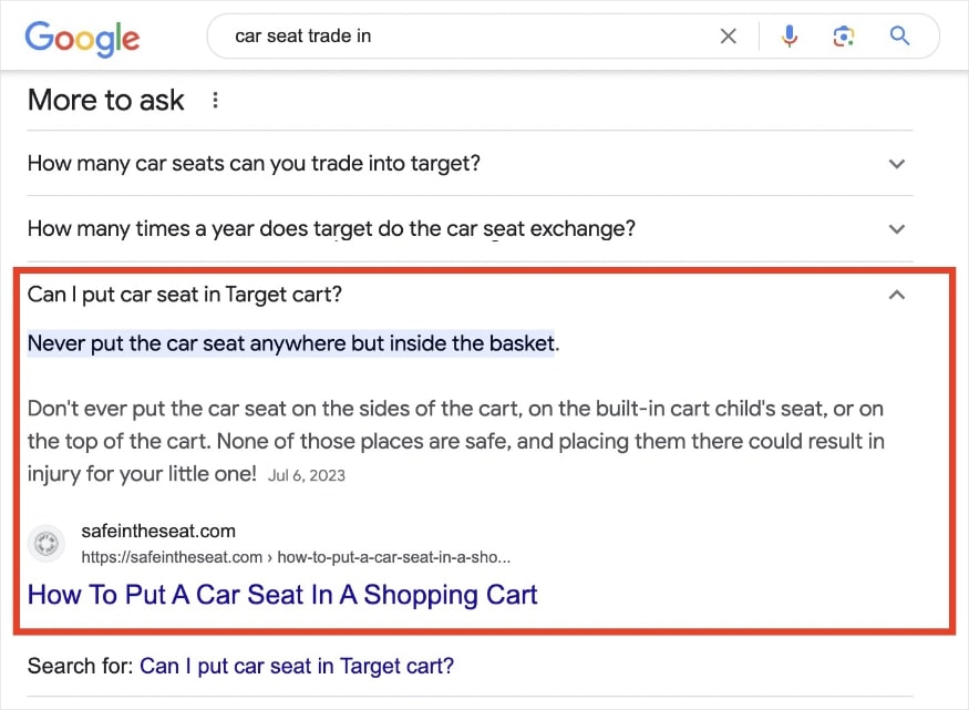 A rich result on the SERP for the Google search "car seat trade in."