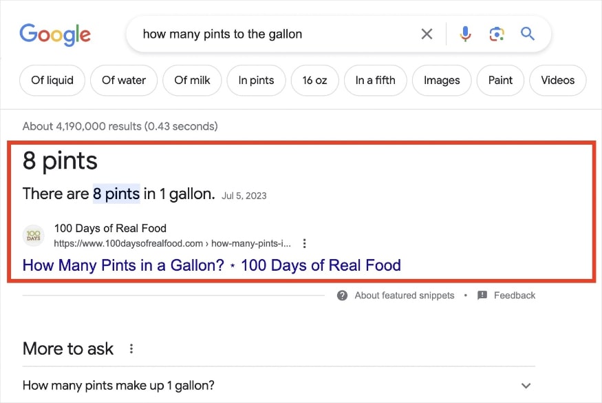Featured snippet on the SERP that answers there are 8 pints in 1 gallon.
