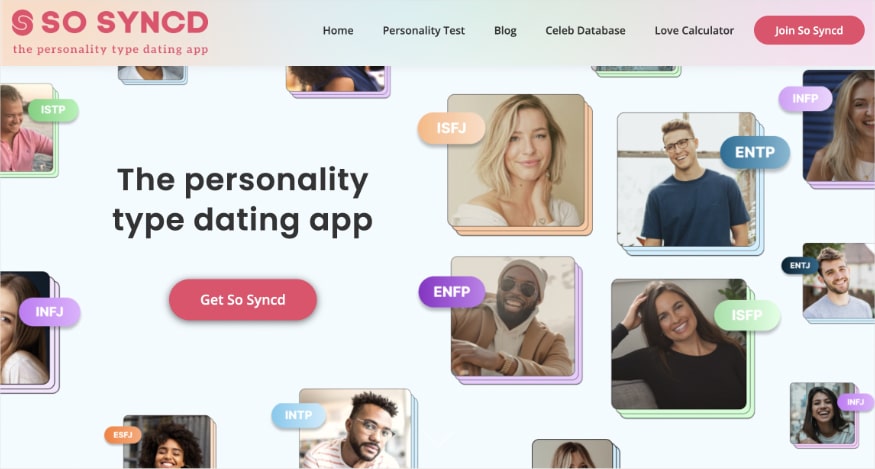 So Syncd homepage, a personality type dating app. 