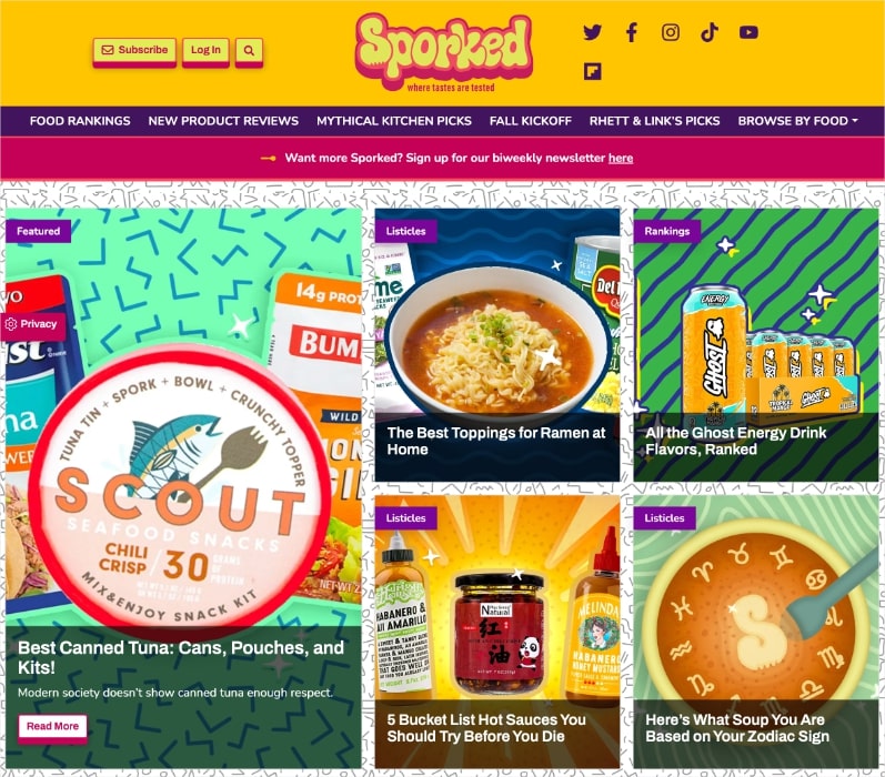 Sporked homepage, a food rankings and reviews website.
