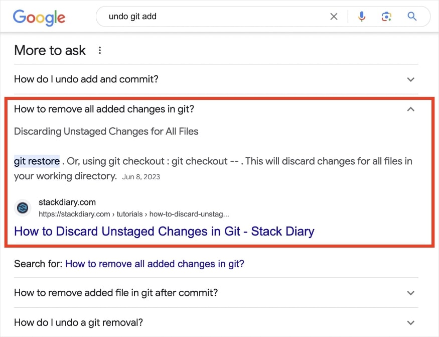 Google search results page with a rich result from stackdiary.com for the query "undo git add."