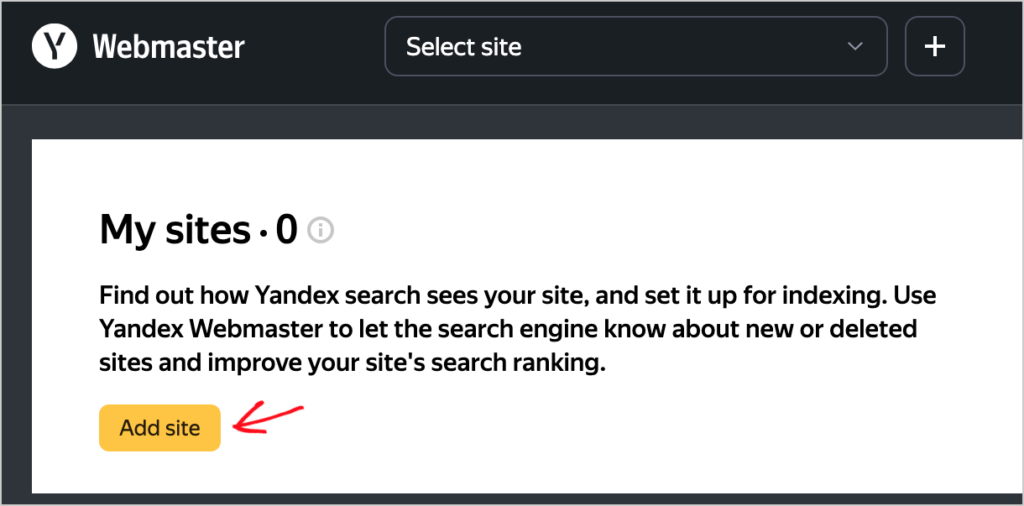 add site button yandex webmaster tools