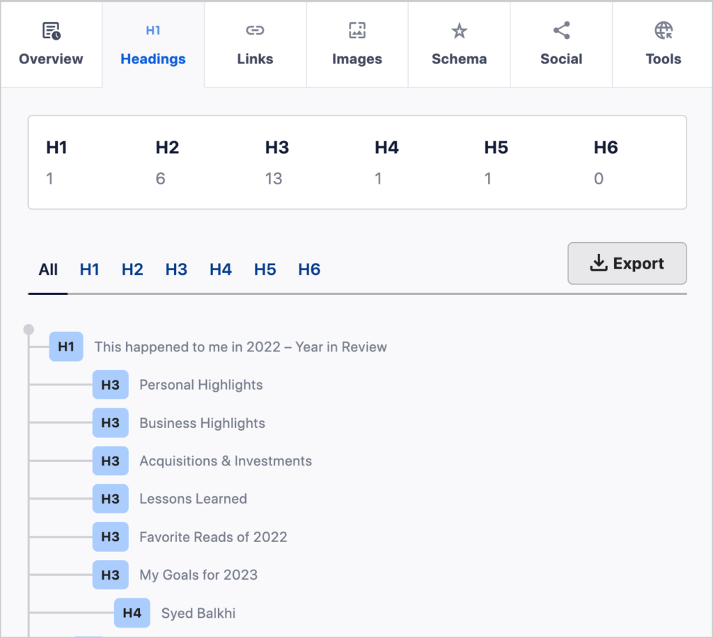 aioseo analyzer headings list