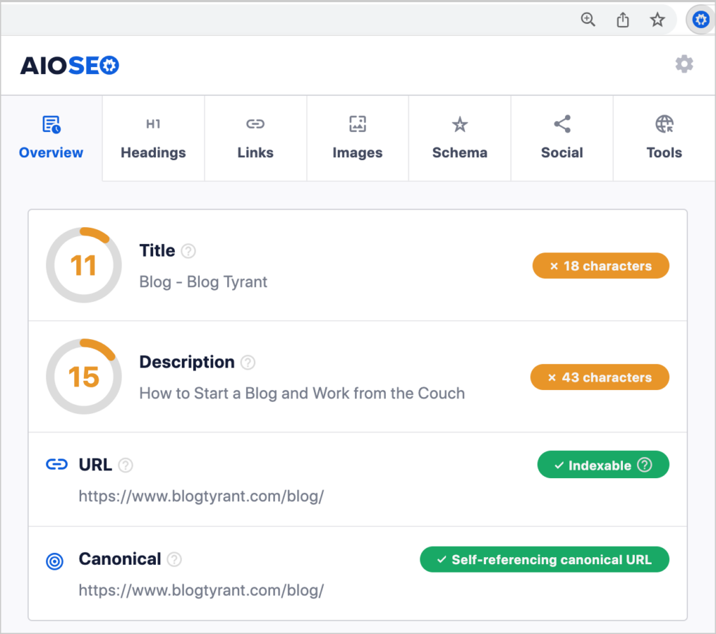 aioseo analyzer chrome extension interface 