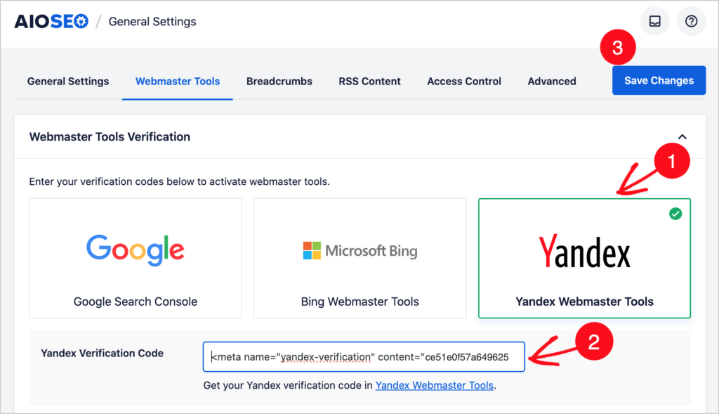 aioseo yandex site verification in wordpress