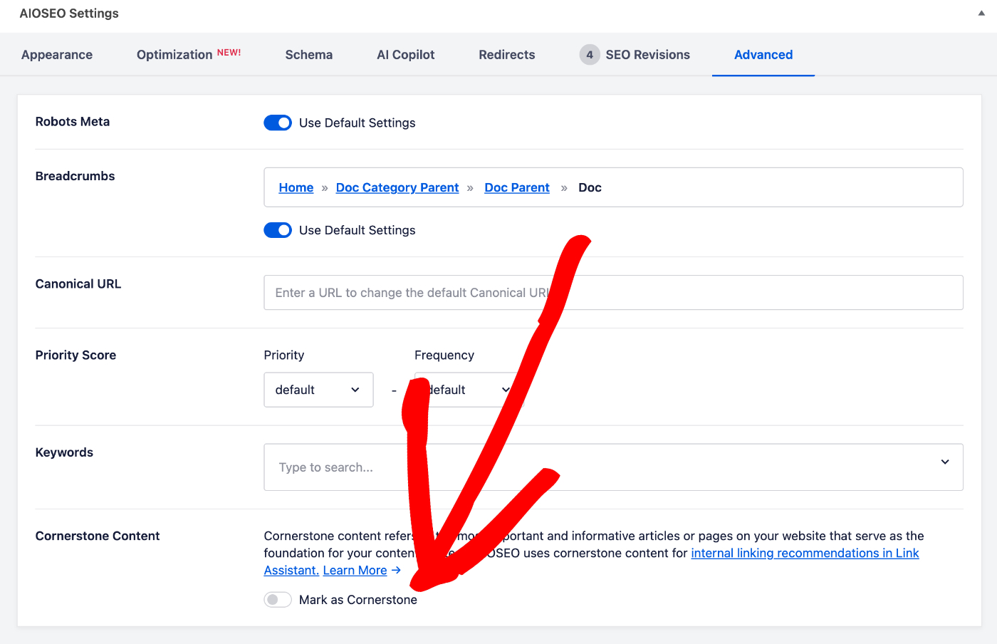 A aba Avan
uevoado das Configura
uevoes do AIOSEO mostrando Conte
uevo Principal com um seletor rotulado como Marcar como Conte
uevo Principal Conteúdo Pilar na seção Configurações do AIOSEO na tela Editar Post