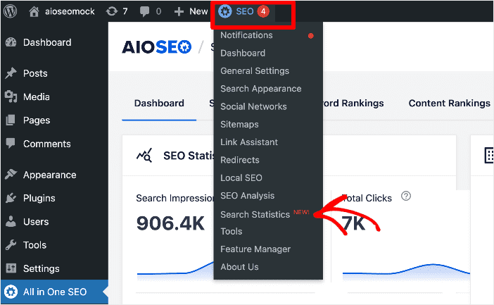 AIOSEO menu showing Search Statistics